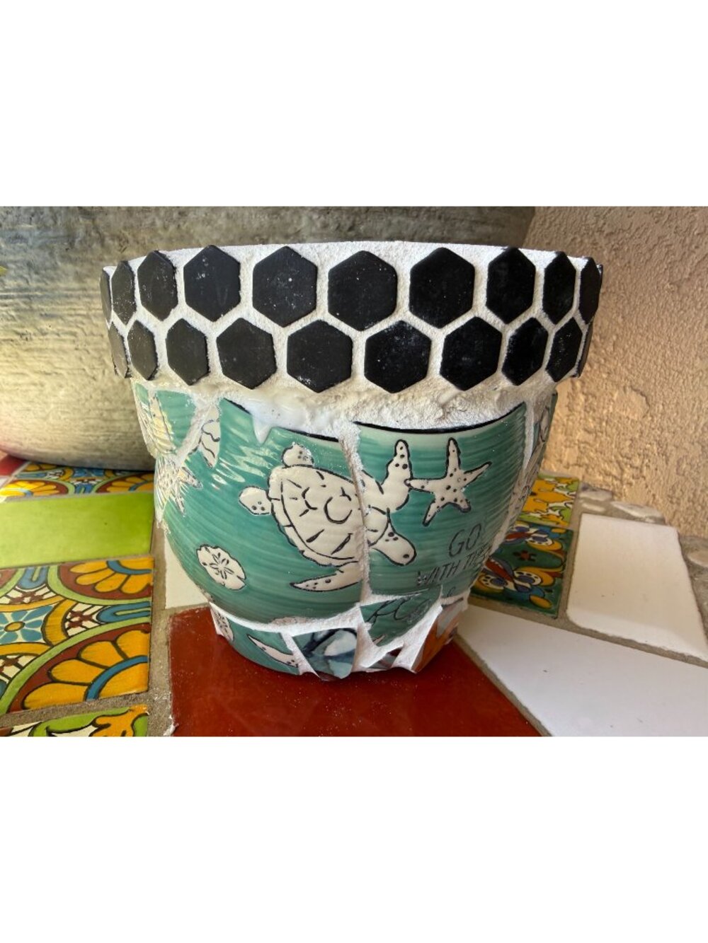 Mosaic Art Tile ~ Planter ~ Hand Crafted ~ Flower Garden Pot ~ Sea Life ~ Turtle
